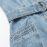 Robe Courte en Jean à Manches Bouffantes avec Ceinture et Boutons pour Femme