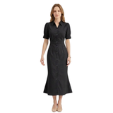 Robe Longue Évasée à Manches Courtes et Boutonnage pour Femmes