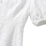 Robe Courte Brodée avec Col en V et Manches Bouffantes
