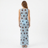 Robe Longue à Pois sans Manches avec Col Rond et Coupe Ajustée pour Femmes