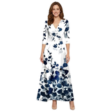 Robe Longue Fleurie à Col en V avec Manches Longues et Coupe Fluide