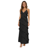 Robe Longue à Volants avec Col en V et Bretelles Spaghetti en Polyester