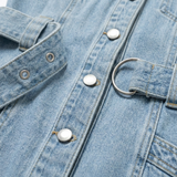 Robe Courte en Jean à Manches Bouffantes avec Ceinture et Boutons pour Femme