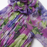 Robe Longue de Soirée Asymétrique Fleurie avec Manche Mousseline et Spacco