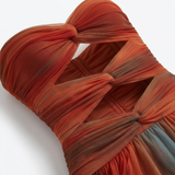 Robe Longue Évasée à Épaules Dénudées avec Détails Ajourés et Imprimé Dégradé