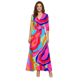 Robe Longue Fleurie à Col en V avec Manches Longues et Coupe Fluide