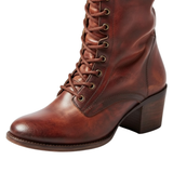 Bottes hautes femme à lacets montants en cuir vieilli avec talon carré et doublure douce