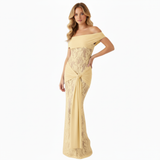 Robe Longue de Soirée à Épaules Dénudées en Dentelle avec Taille Drapée
