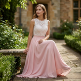 Robe Longue de Soirée Sans Manches en Dentelle et Mousseline avec Bustier Crocheté