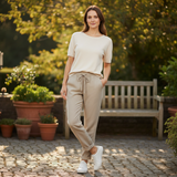 Pantalon Femme en Mélange de Coton avec Taille Élastique et Coupe Crayon Ajustée