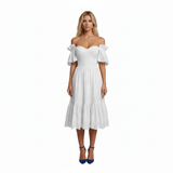 Robe Mi-Longue en Coton Sangallo à Épaules Dénudées avec Col en Cœur
