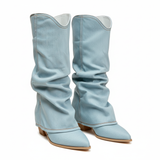 Bottes Hautes en Jean à Bout Pointu et Talon Carré pour Femme