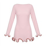 Robe Courte Moulante à Manches Longues avec Ourlet à Volants Contrastés