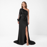 Robe Longue de Soirée Asymétrique à Manches Longues Fendue et Dos Nu pour Femmes