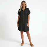 Robe Courte en Coton et Lin avec Col en V et Manches Trois-Quarts pour Femmes