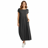 Robe maxi en coton et lin pour femmes, manches courtes, plissée, encolure ronde avec poches