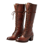 Bottes hautes femme à lacets montants en cuir vieilli avec talon carré et doublure douce