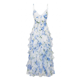 Robe Longue Fleurie à Volants avec Bustier Corset et Fines Bretelles