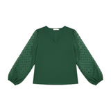 Blouse femme col en V manches bouffantes texturées plumetis fluide
