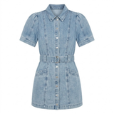 Robe Courte en Jean à Manches Bouffantes avec Ceinture et Boutons pour Femme