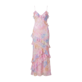 Robe Longue Fleurie à Volants avec Col en V et Fines Bretelles
