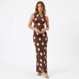 Robe Longue à Pois sans Manches avec Col Rond et Coupe Ajustée pour Femmes