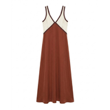 Robe Longue Satinée sans Manches avec Col en V et Design Contrasté