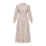 Robe Longue en Dentelle Ajourée avec Manches Bouffantes et Col Montant