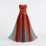 Robe Longue Évasée à Épaules Dénudées avec Détails Ajourés et Imprimé Dégradé
