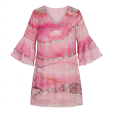 Robe Courte Trapèze à Imprimé Abstrait avec Manches Flare et Col en V pour Femme