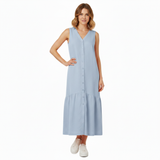 Robe midi pour femmes en coton et lin, sans manches, col en V, coupe évasée A avec poches