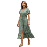 Robe Longue en Coton Fleurie à Col V avec Boutons Frontaux pour Femmes