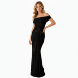 Robe Longue de Soirée à Épaules Dénudées en Dentelle avec Taille Drapée