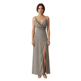 Robe Longue de Soirée en Satin avec Fente Latérale et Col en V pour Femmes