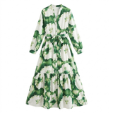 Robe Longue Fluide à Imprimé Floral avec Col en V et Manches Longues Bouffantes