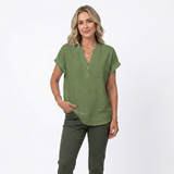 Chemisier en Coton et Lin à Col en V et Manches Courtes pour Femmes