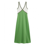 Robe Longue Satinée sans Manches avec Col en V et Design Contrasté