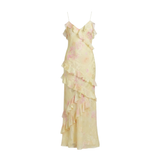 Robe Longue Fleurie à Volants avec Col en V et Fines Bretelles