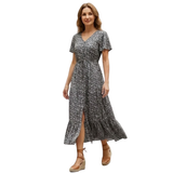 Robe Longue en Coton Fleurie à Col V avec Boutons Frontaux pour Femmes