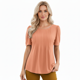 T-shirt à Manches Courtes pour Femme avec Col Rond Évasé et Détails Plissés