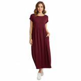 Robe maxi en coton et lin pour femmes, manches courtes, plissée, encolure ronde avec poches
