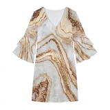 Robe Courte Trapèze à Imprimé Abstrait avec Manches Flare et Col en V pour Femme