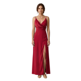 Robe Longue de Soirée en Satin avec Fente Latérale et Col en V pour Femmes