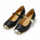 Escarpins à Bout Carré et Talon Bloc avec Strass et Bride pour Femme