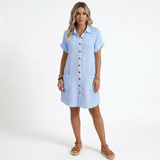 Robe Courte en Coton et Lin avec Col en V et Manches Trois-Quarts pour Femmes