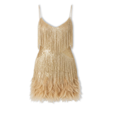 Robe de soirée à paillettes et plumes avec encolure en V et fines bretelles