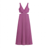 Robe Longue Plissée à Col en V avec Découpes Latérales et Dos Nu