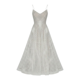 Robe de Soirée Évasée à Paillettes avec Col en V et Fines Bretelles