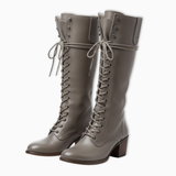 Bottes hautes femme à lacets montants en cuir vieilli avec talon carré et doublure douce