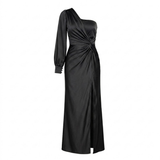 Robe Longue Satinée à Épaule Dénudée avec Nœud Drapé et Fente Latérale